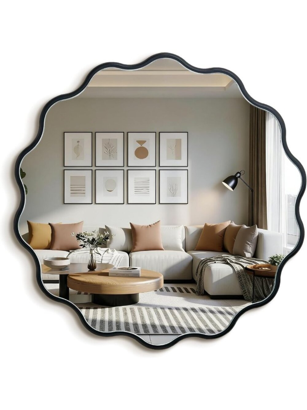 Small Black Wavy Round 17" Scalloped Modern Wall Mirror for Chic Home Decor